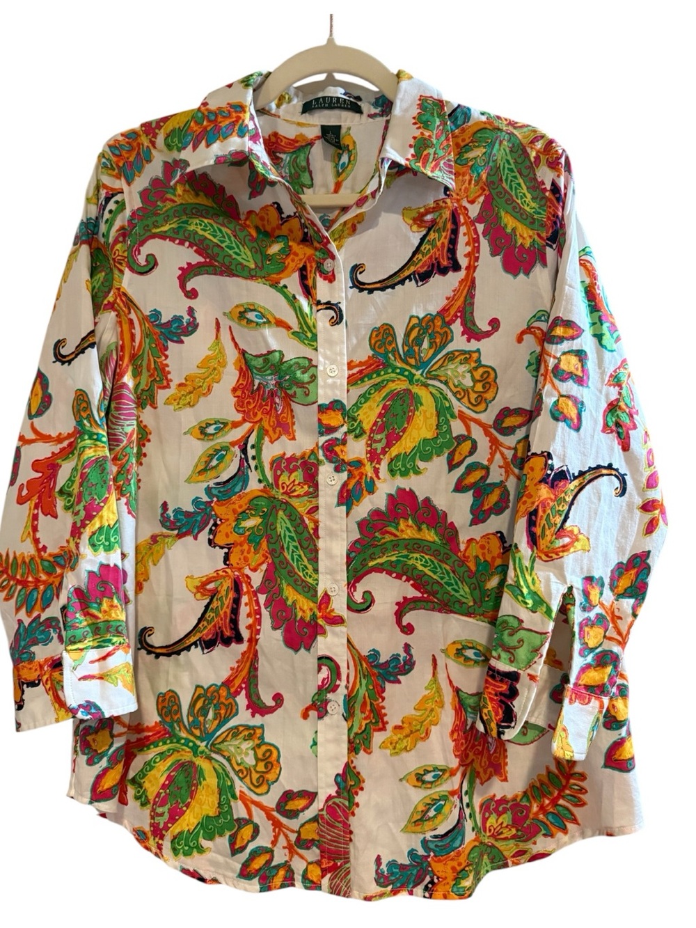Lauren Ralph Lauren Colorful Paisley Floral 100% Cotton Button Down Shirt L